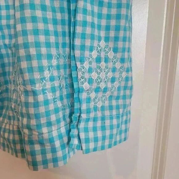 Vtg. Handmade Blue & White Gingham Check Half Apron w White Cross Stitch, Pocket - Picture 8 of 8